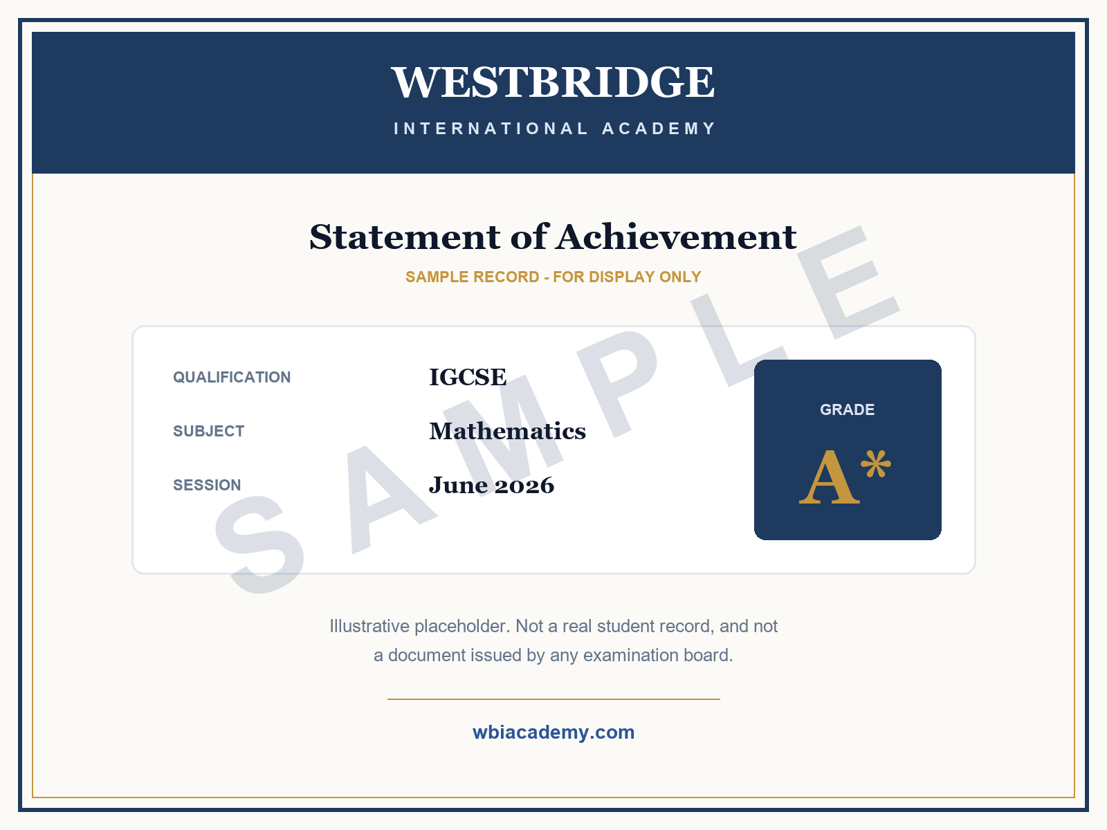 Sample WestBridge statement of achievement showing IGCSE Mathematics at grade A star, watermarked as a sample record